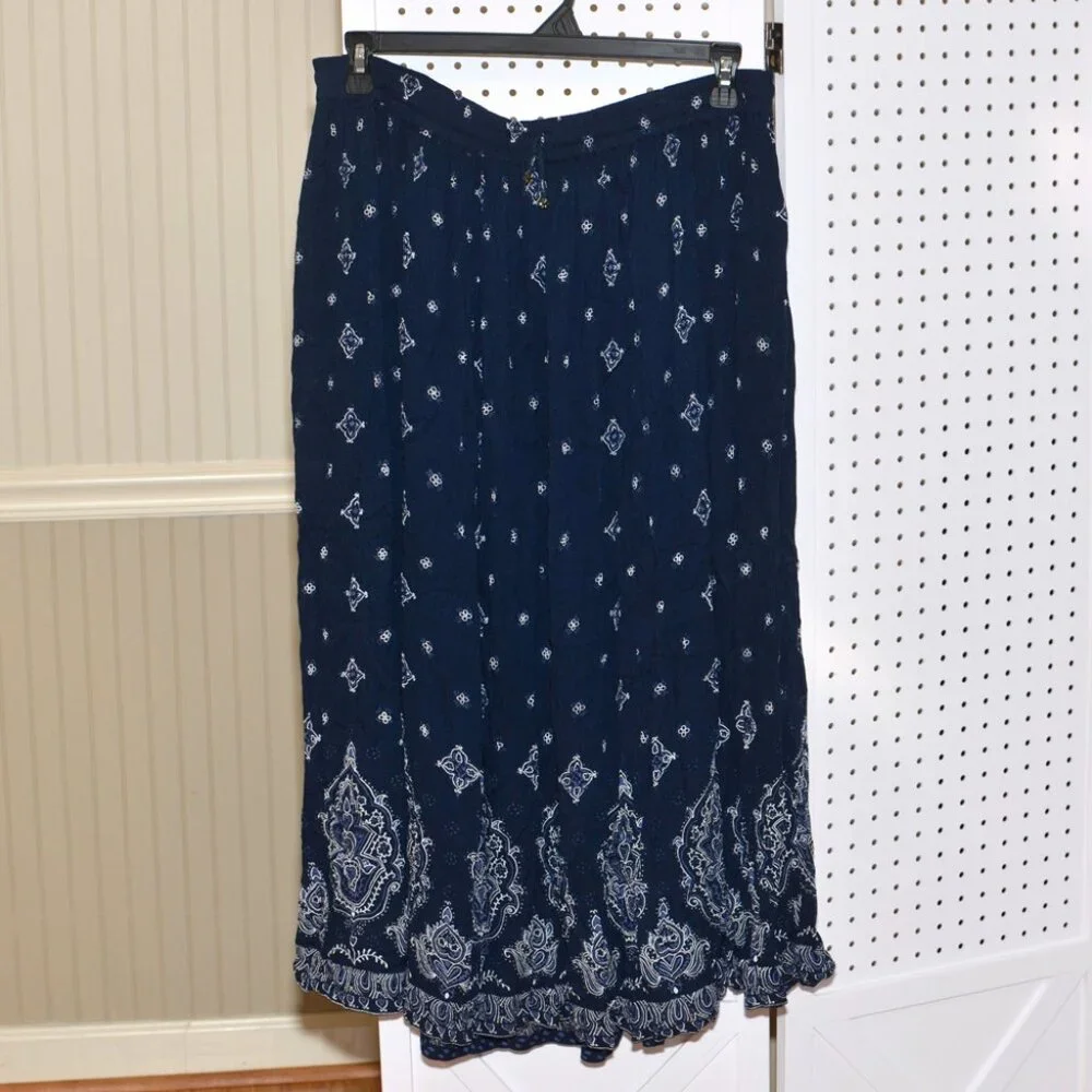 Plus Size 1X The Vermont Country Store Navy Blue Crinkle Full Maxi Skirt - Picture 1 of 14